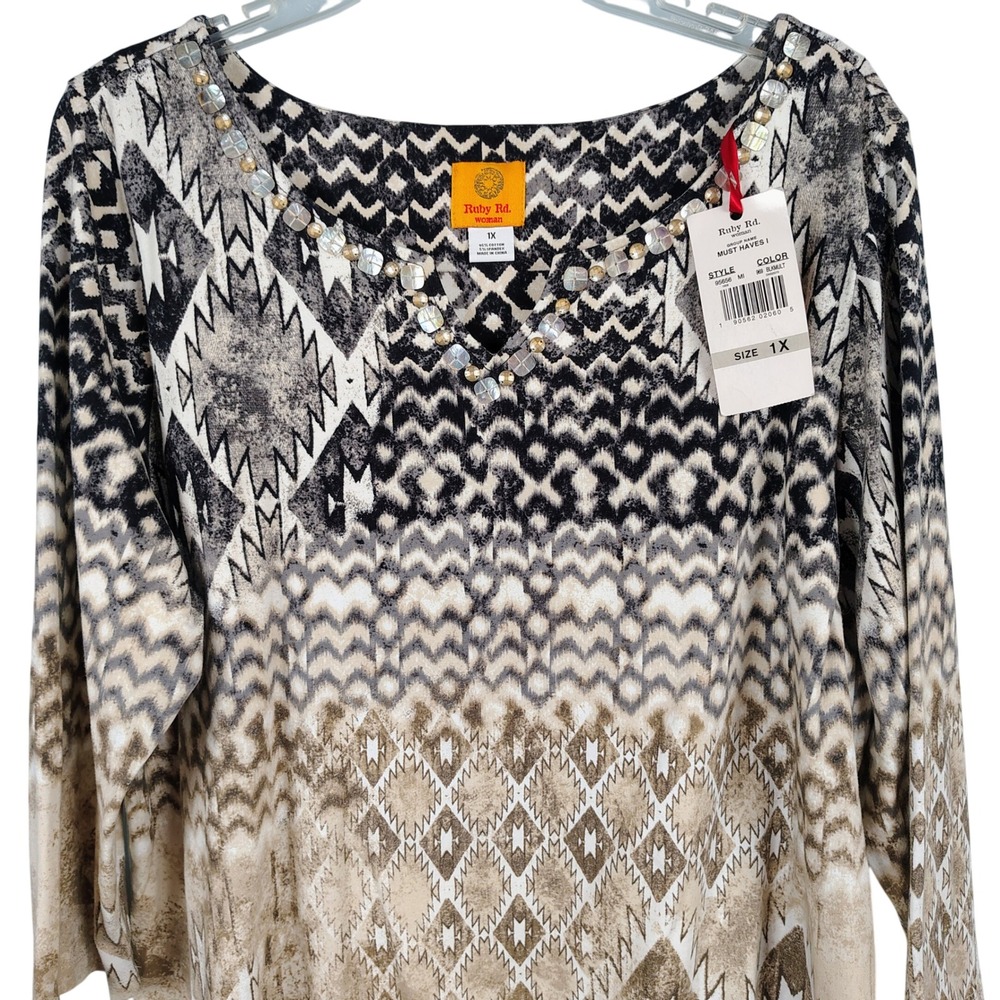 NWT Ruby Rd Womens 1X Must Haves I Top Black Multicolor Ikat Geometric Boho